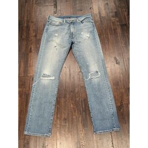 Levis 513 Jeans Mens 34x33 Blue Distressed Slim Straight Leg‎ Denim Pants Rips